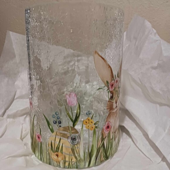 Yankee Candle Bunny with Glasses Crackle Glass Large Hurricane Candle Holder NEW - Picture 3 of 5